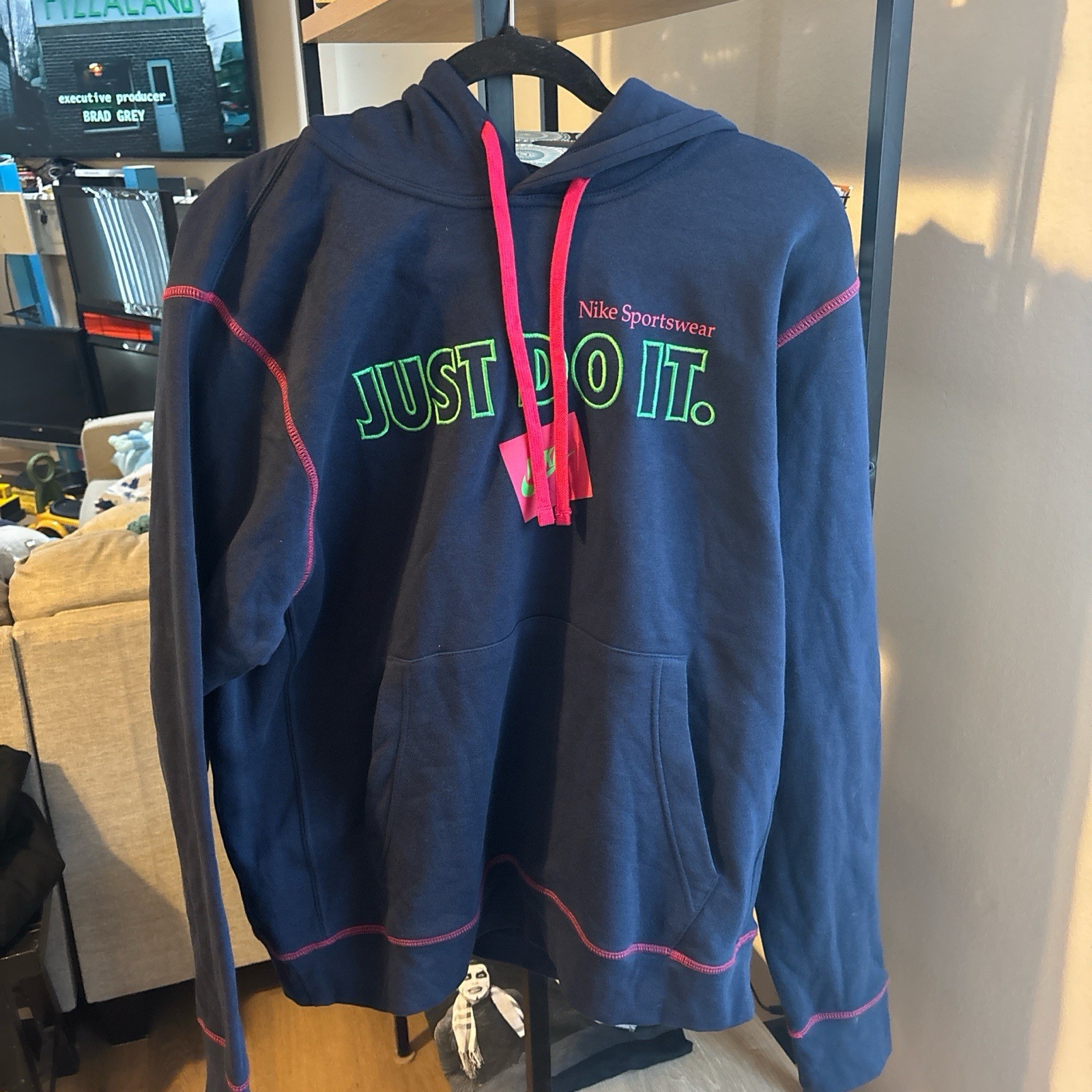 Nike Sportswear Just Do It Men’s L Blue Pullover Hoodie Graphic Logo Pockets