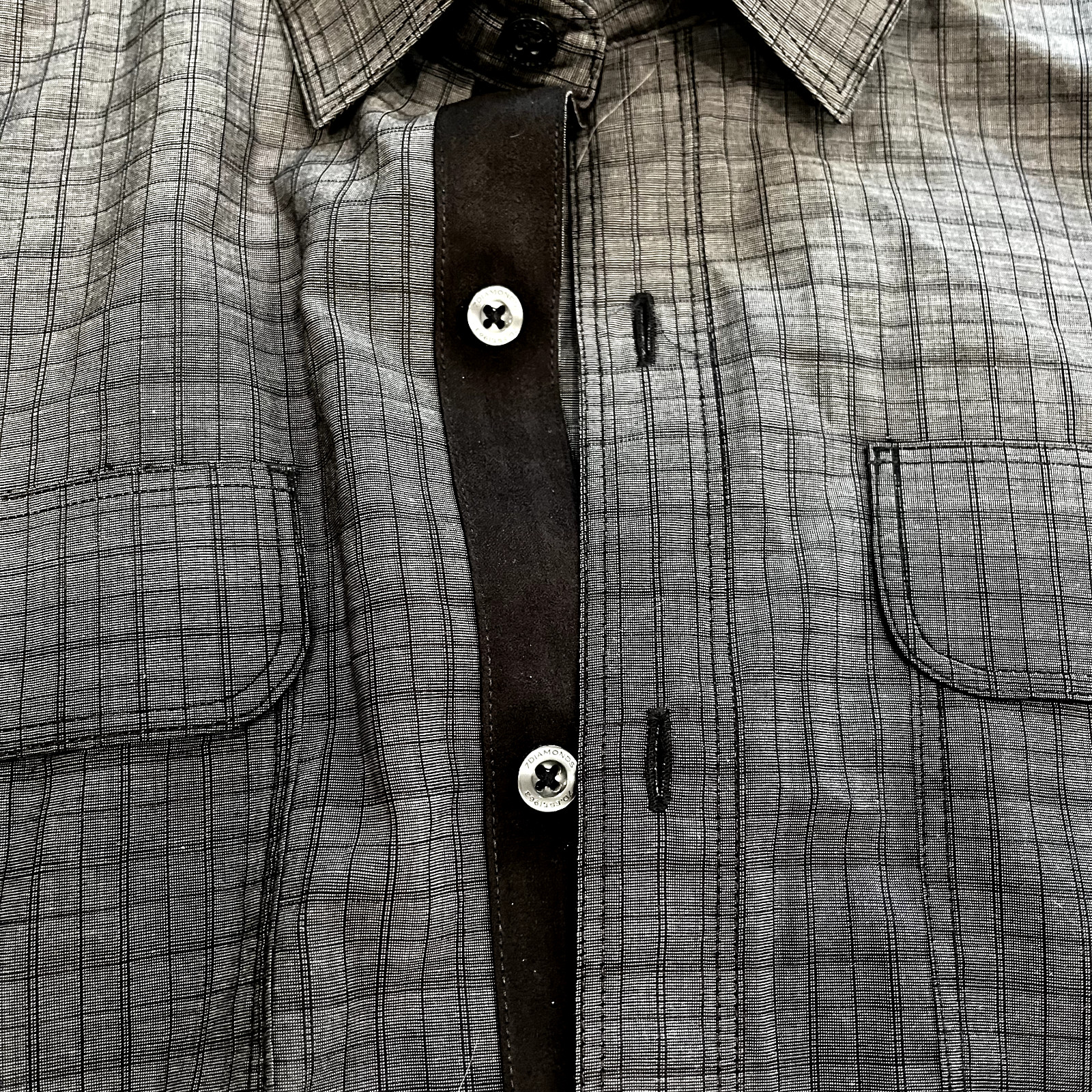 7 Diamonds Mens Shirt Medium Gray Black Elbow Pads Long Sleeves Flap Pockets