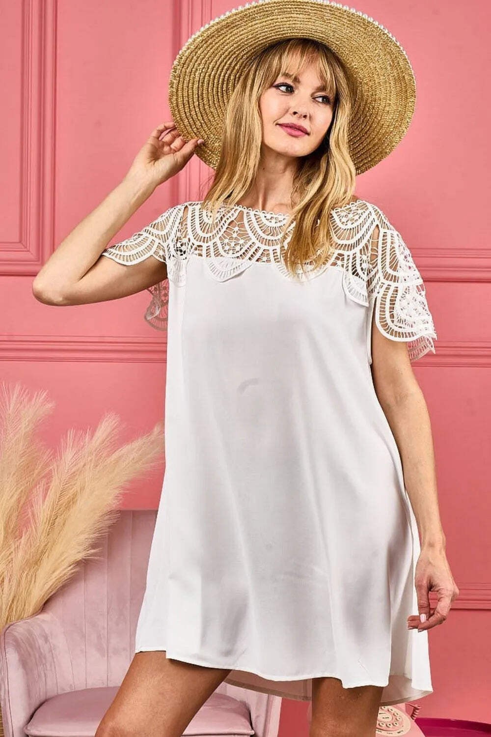 Crochet Lace Yoke Detailed Wrinkled Dress