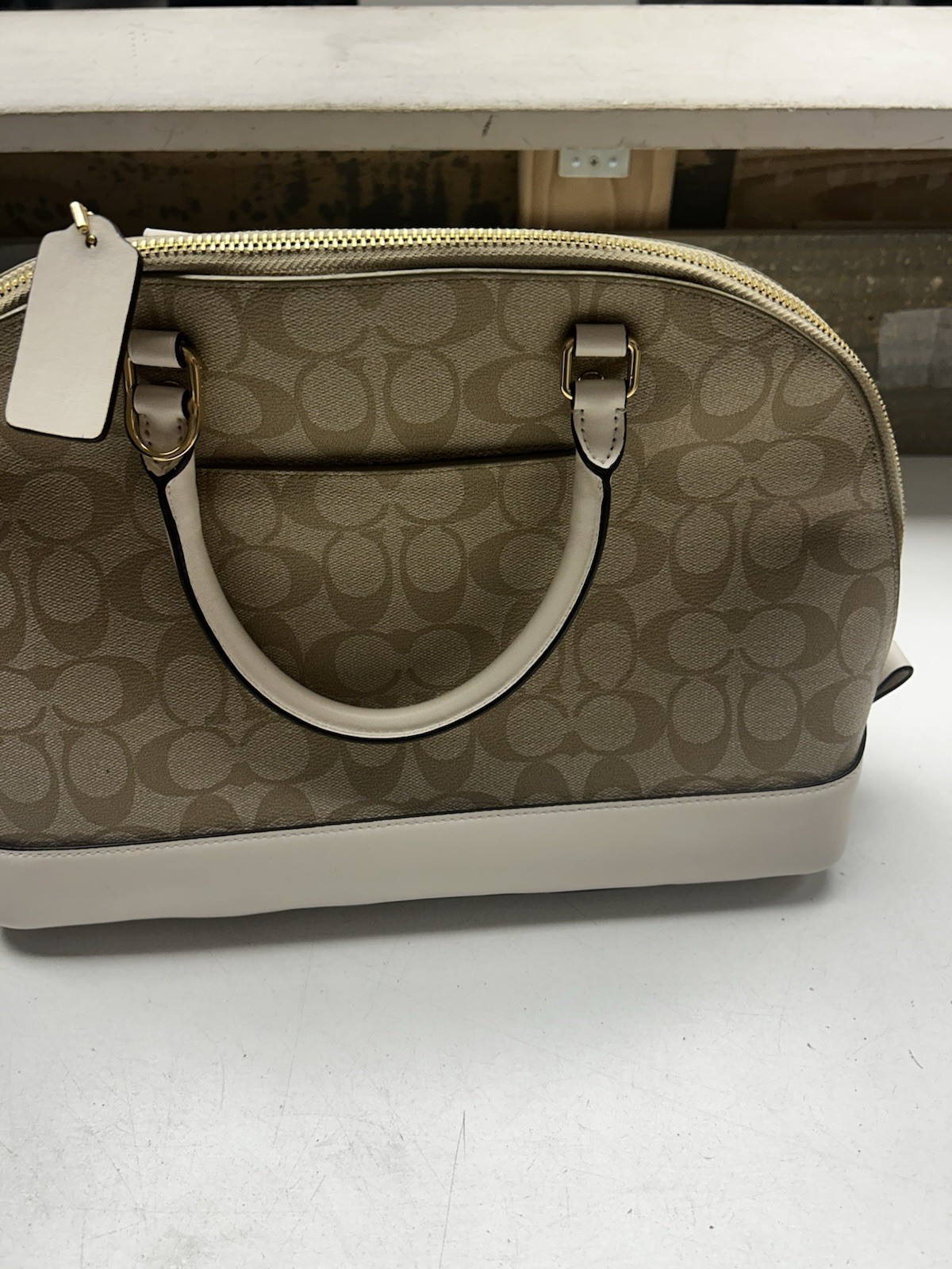 Coach Signature Small Dome Satchel Zip Top Handle Detachable Strap Beige White