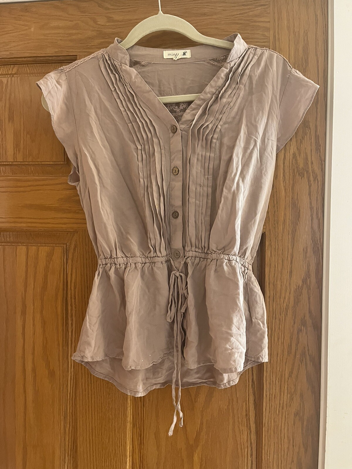 Mine Shirt Womens Small Blouse Brown Ruffled Sleeveless Button Up Elastic Waist