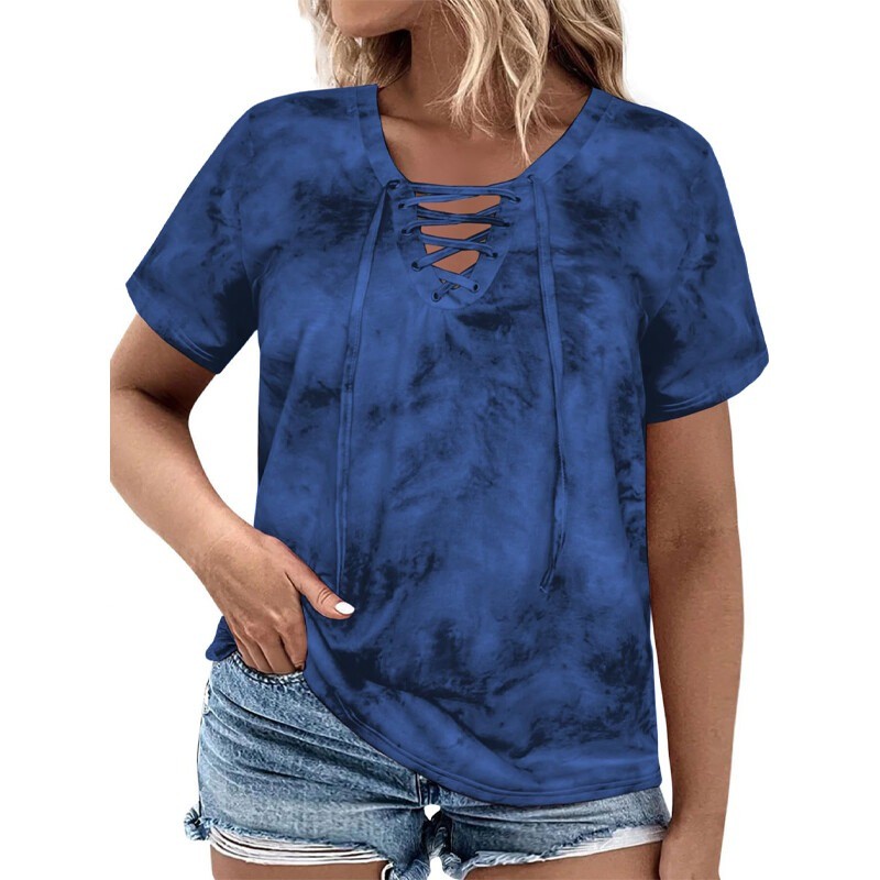Plus Size Women’s Short Sleeved Tie Dye T-Shirt Loose Oversized Top V-neck Tops