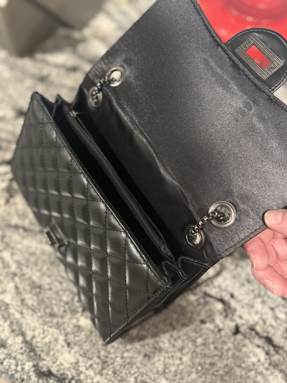 Black Quilted Crossbody Bag Chain Strap Turn Lock Detachable Strap Silver