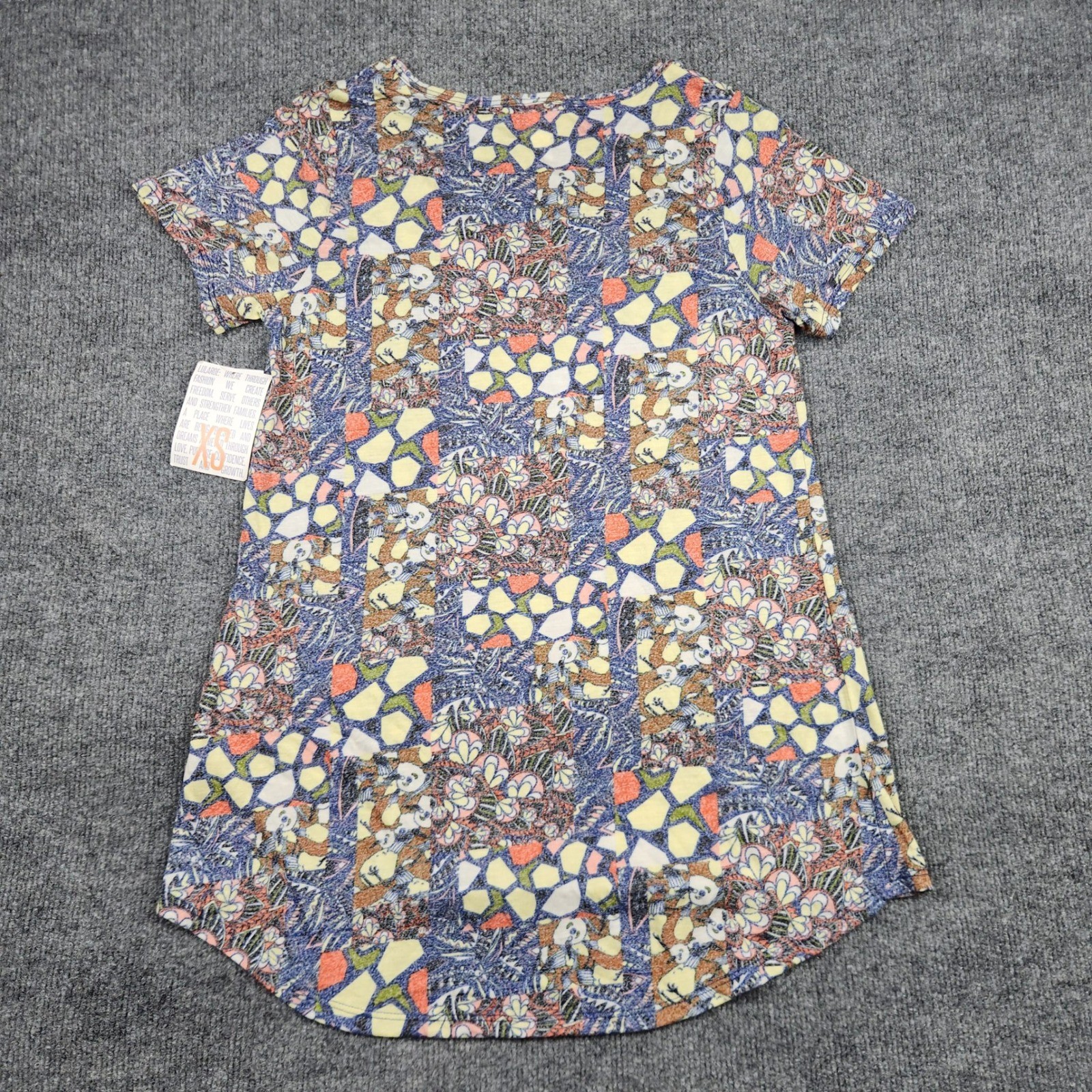 LuLaRoe Classic T Womens XS Blue Yellow Floral Geometric Patchwork High Low Top