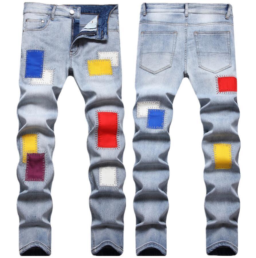 Men’s Light Blue Straight Leg Casual Pants Denim Jeans Trousers Punk Hip Hop