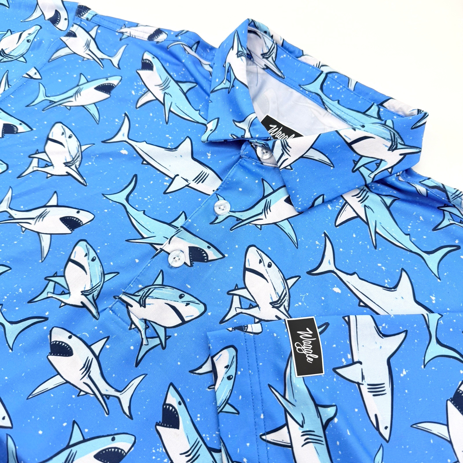 Waggle Polo Shirt Mens XL Blue Shark Print Stretch Performance Golf