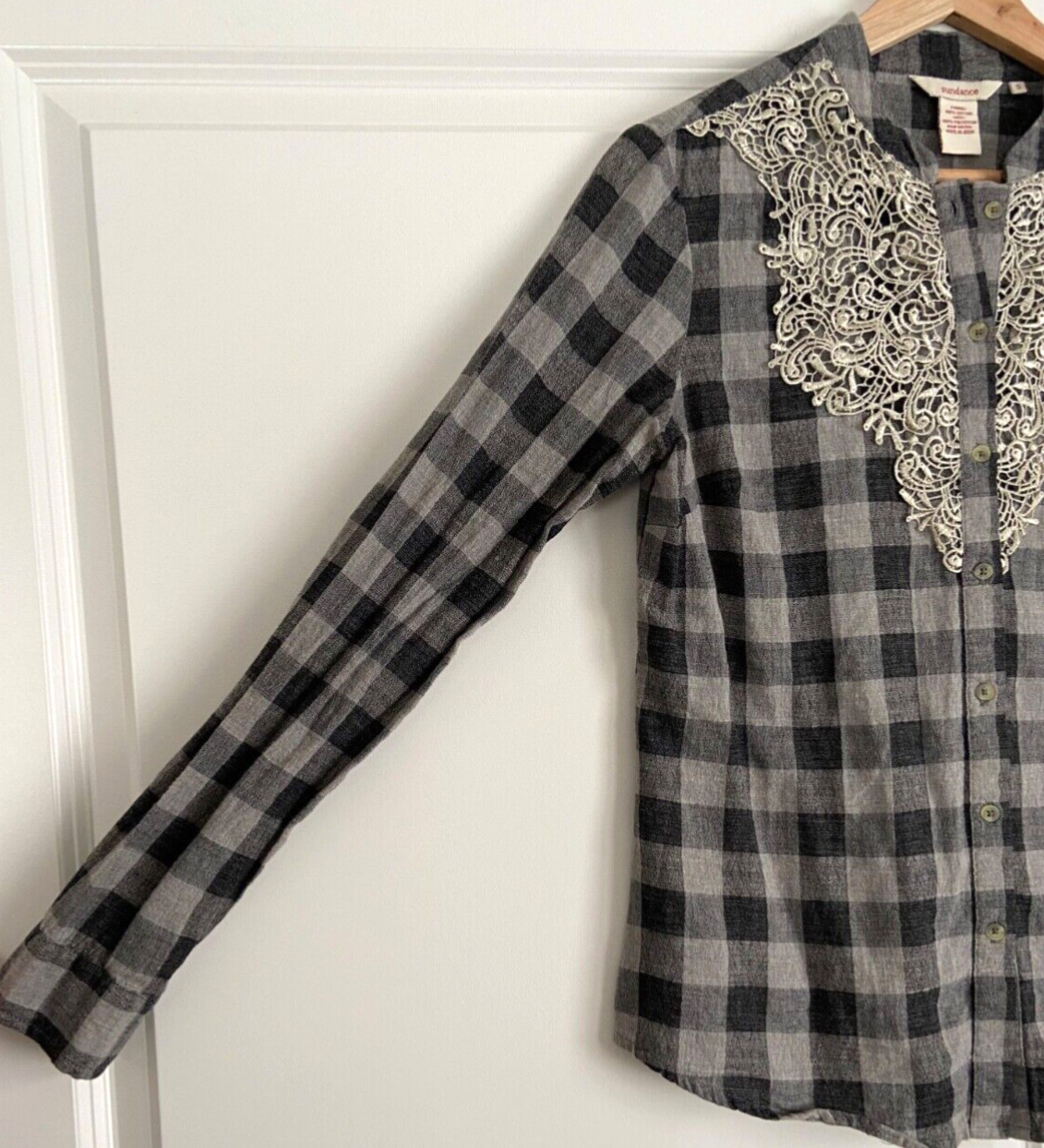 Sundance Plaid Lace Shirt S Gray Check Button Up Western Cowgirl Redford Cassidy