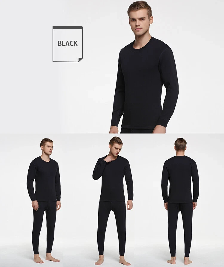Winter 100% Cotton Thermal Long John Top Bottom Underwear Set Black Size 2XLarge