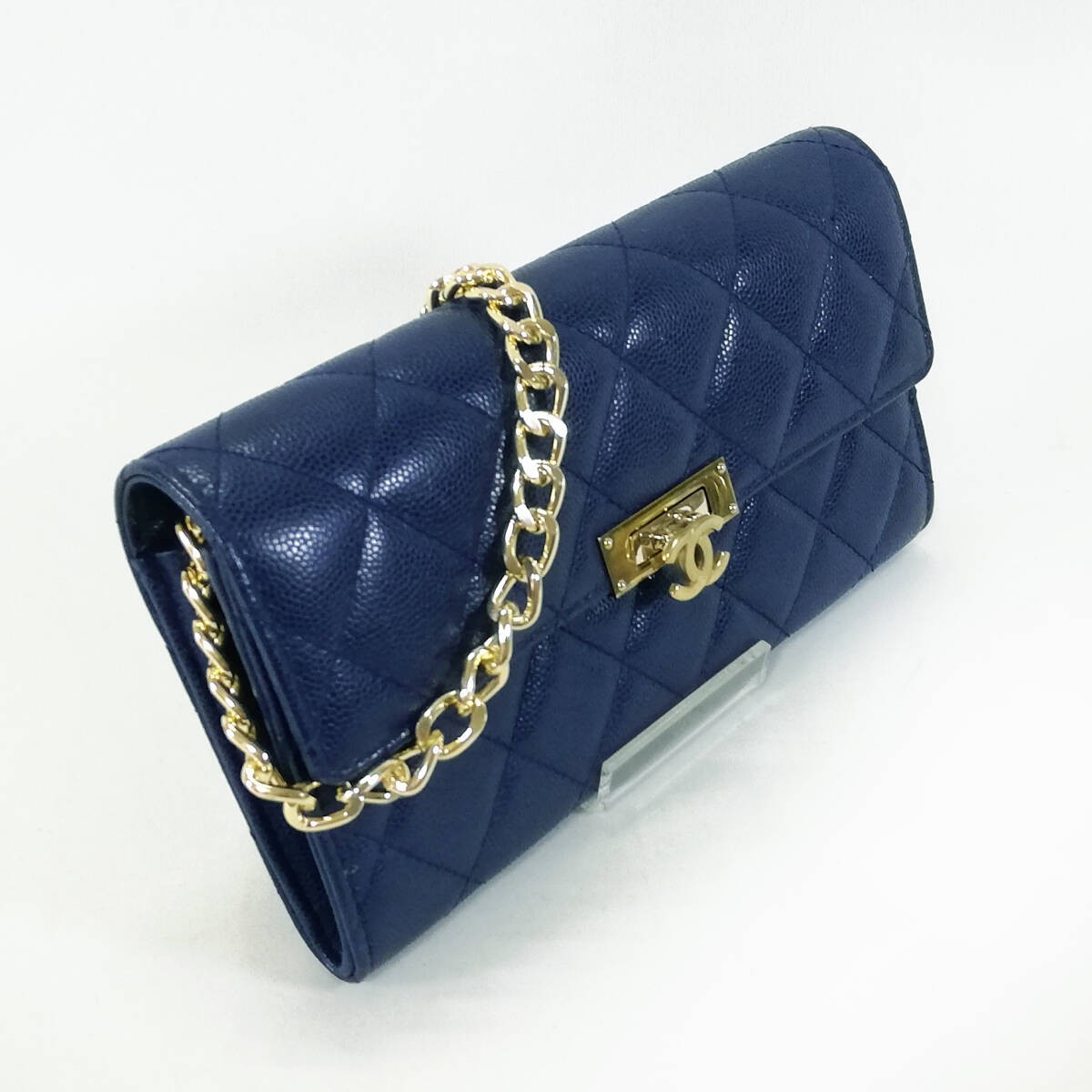 CHANEL Caviar Matelasse Long Wallet Blue Gold Chain Strap Coco Lock 7.48×4.13in