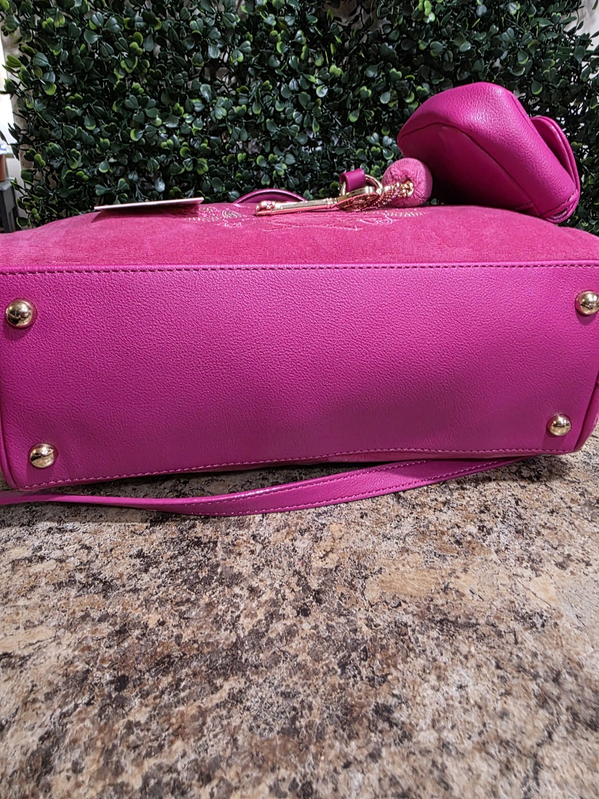 Juicy Couture Pink Logo Satchel Top Handle Zip Rhinestone Charm Gold Hardware