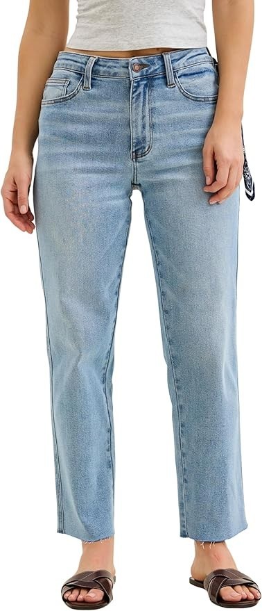 Judy Blue Straight Leg Jeans for Women – Ankle Denim, Bandana Loop Details