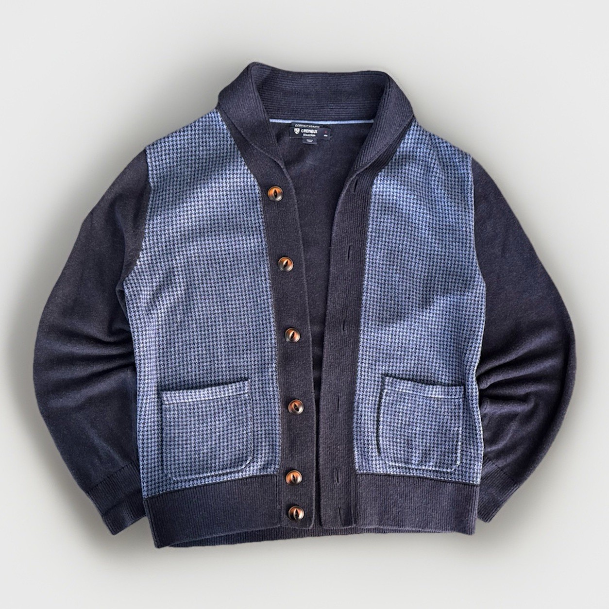 Cremieux Collection Men’s Cotton Cashmere Houndstooth Cardigan Sweater Navy Blue