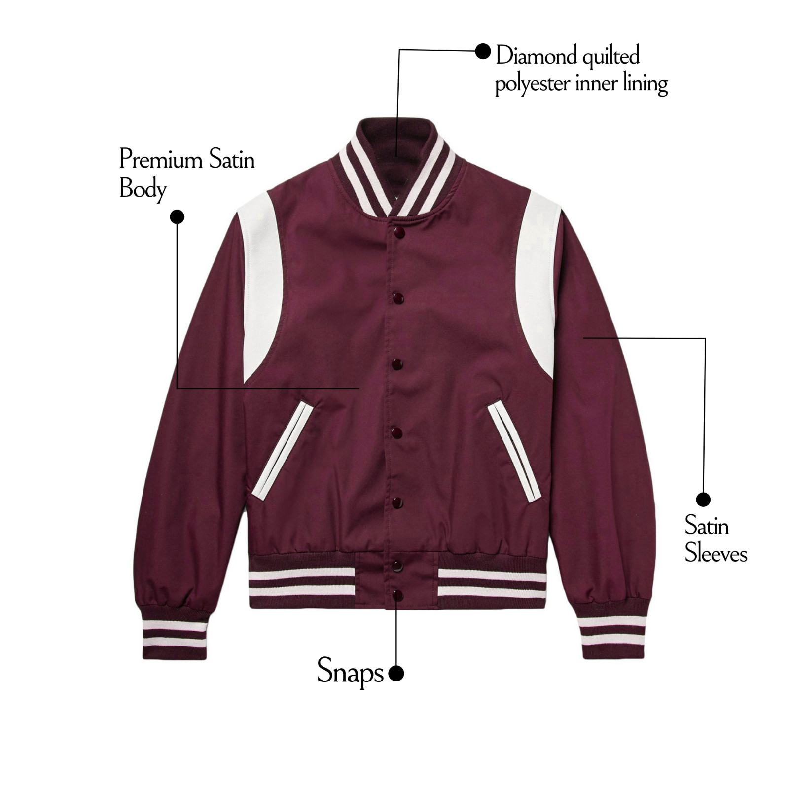 Varsity Letterman Jacket Satin Maroon White Striped Shoulder For Men, Women Kids