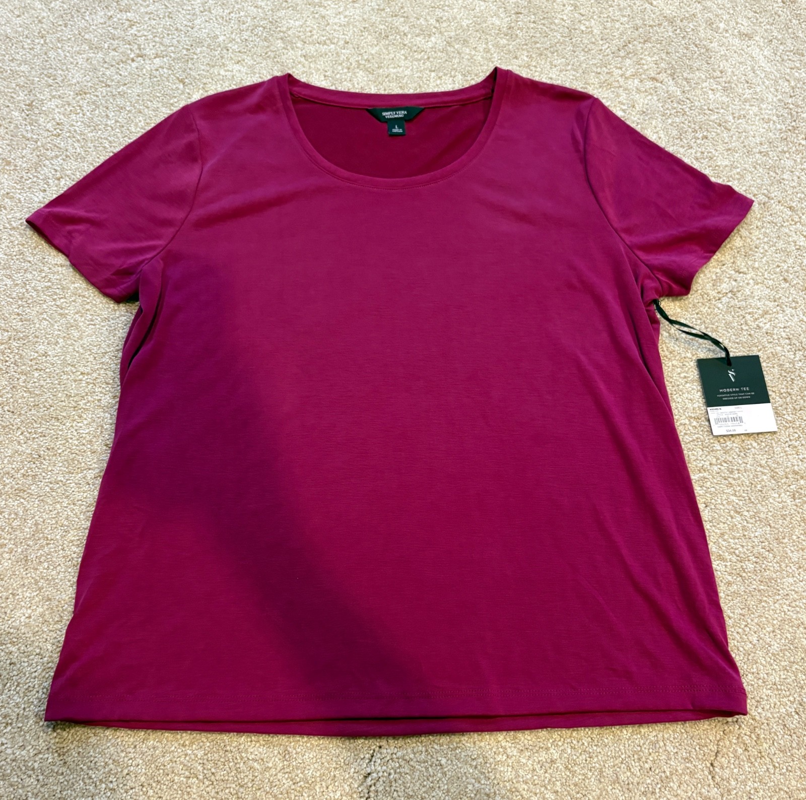 Simply VERA WANG Short Sleeve Dark Pink Magenta Top Blouse, Sz L, NWT