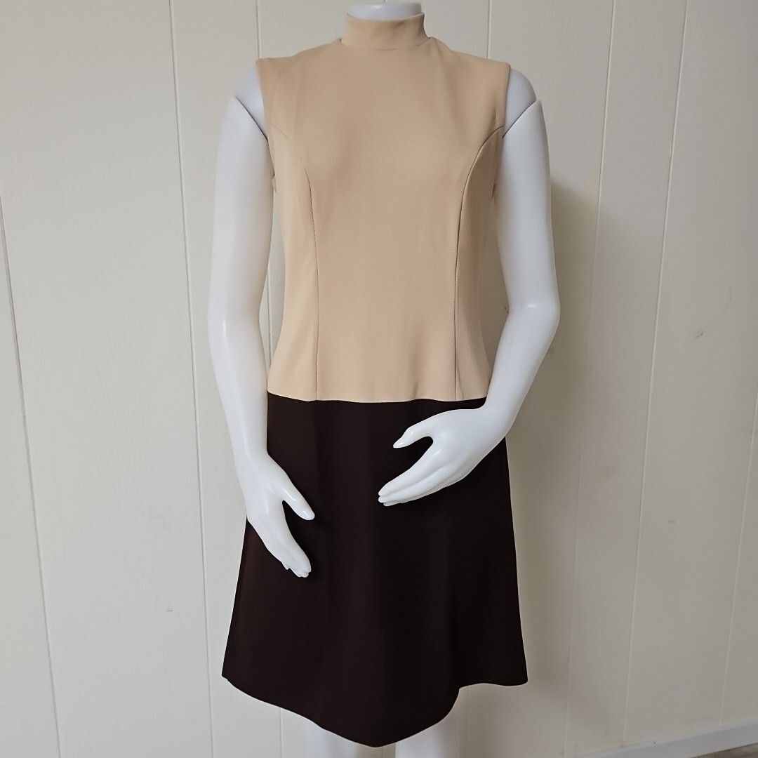 Vtg Hob Nobber Sheath Dress Womens S Brown Beige 60s Mod Double Knit Stretch