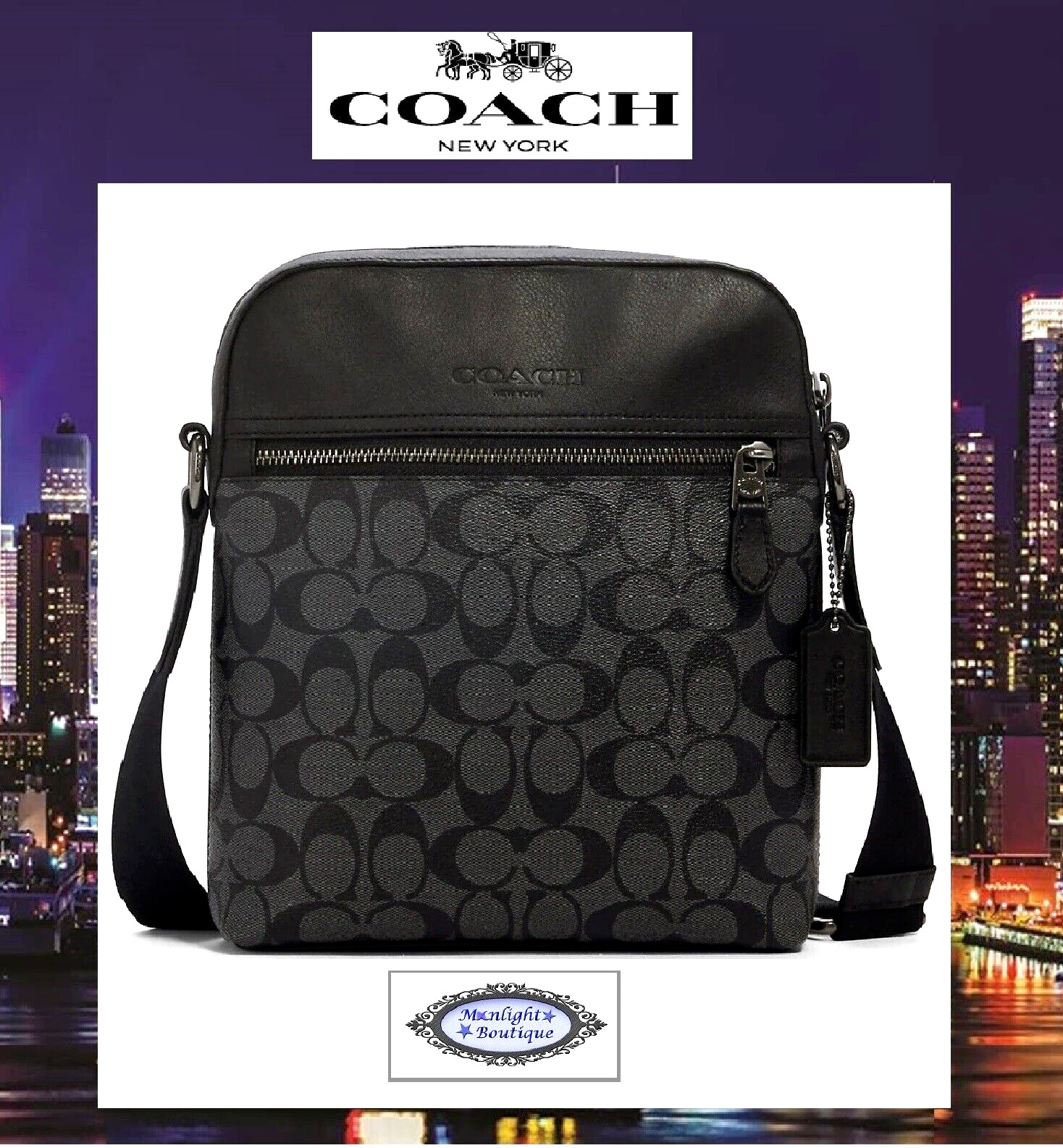NWT Coach Men’s Houston Flight 4010 Messenger Bag CHARCOAL/BLACK Sig CC Leather