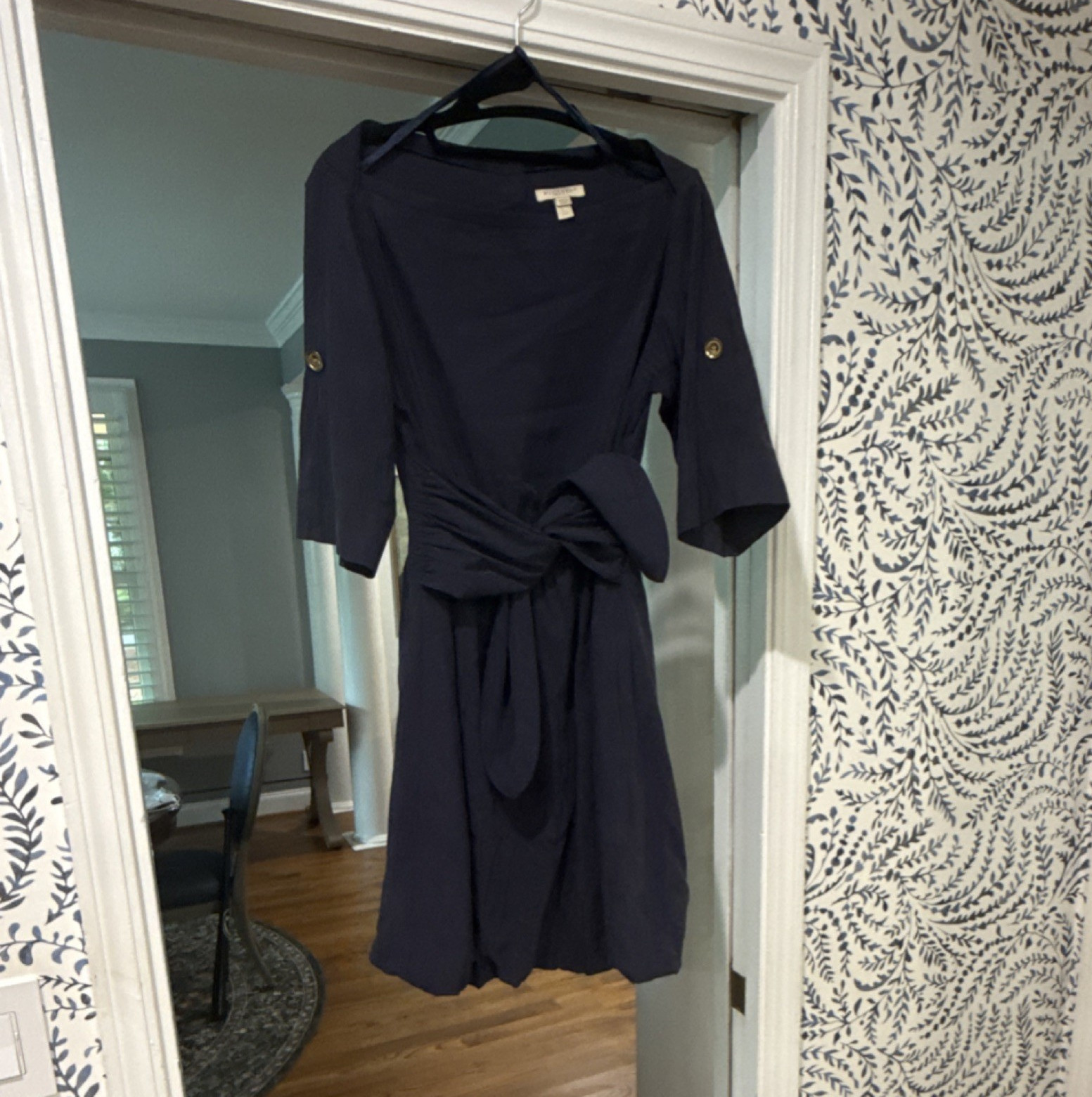 Burberry Brit Navy Solid Silk Wrap Dress Size 4 3/4 Sleeve Knee Length