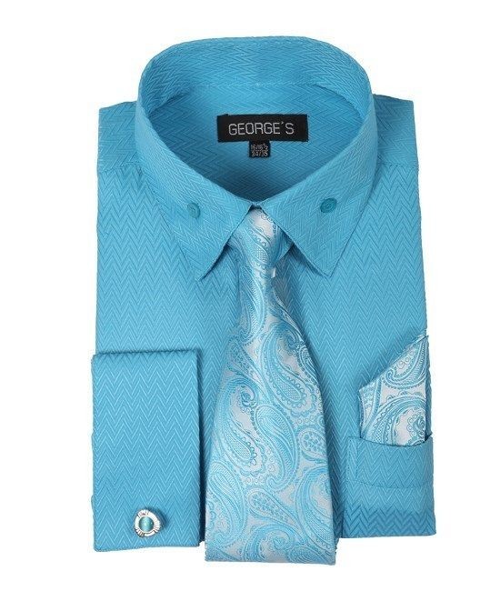 Men’s fashion Dress Shirt With Tie&Hanky French Cuff Links Aqua/Turq.StyleAH619