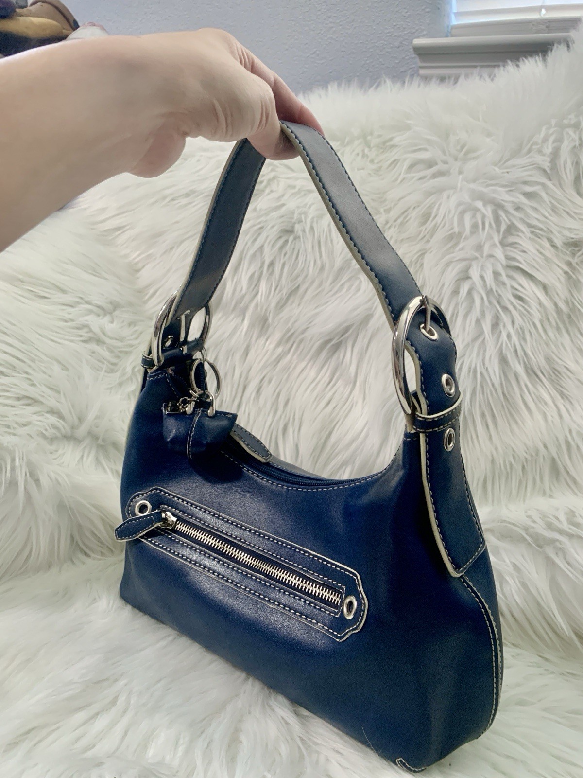 Nine West Blue Crescent Shoulder Bag Zip Closure Inner Pockets Silver Hardware