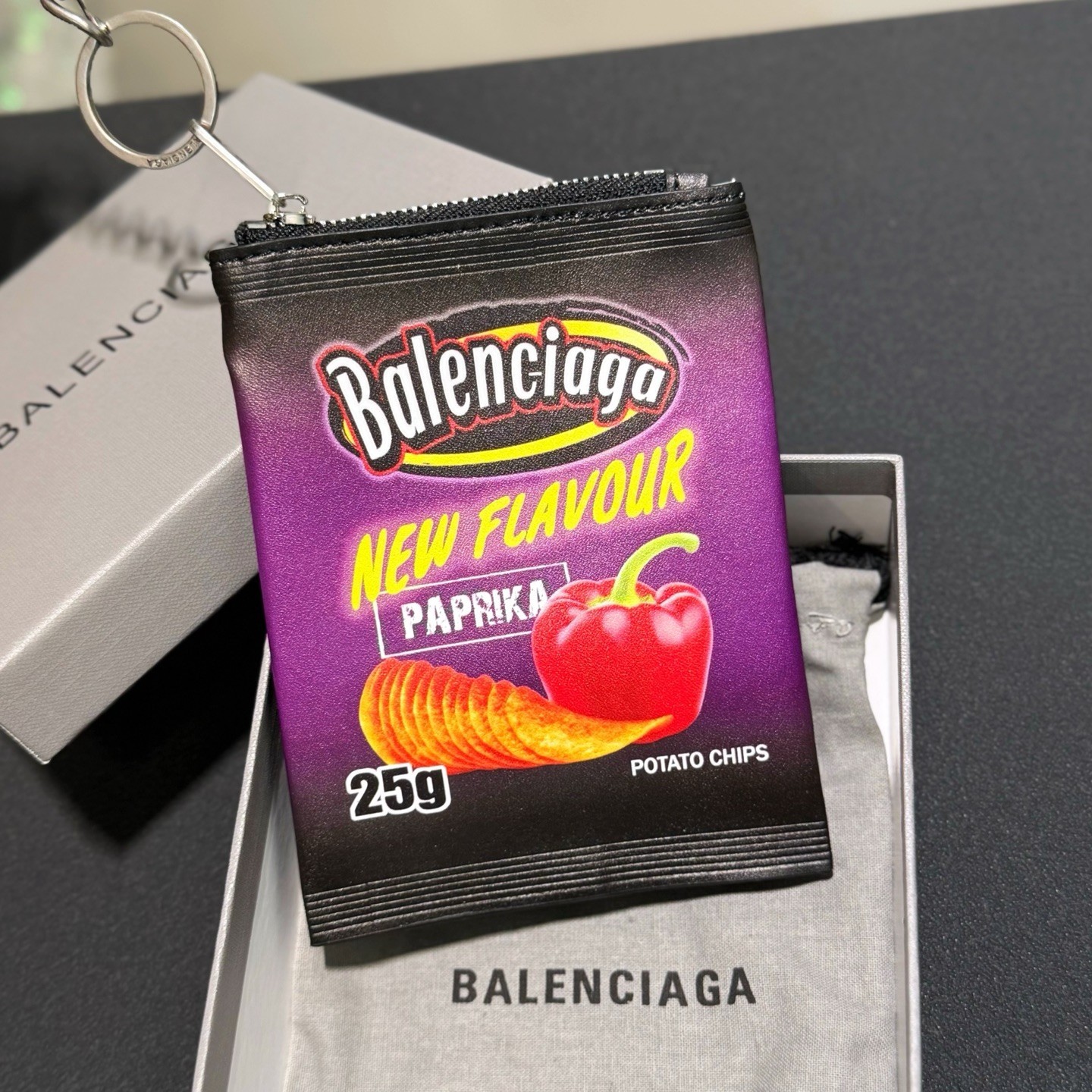 Balenciaga Luxury Potato Chips Bag Charm Purple Paprika Coin Pouch W/ Box