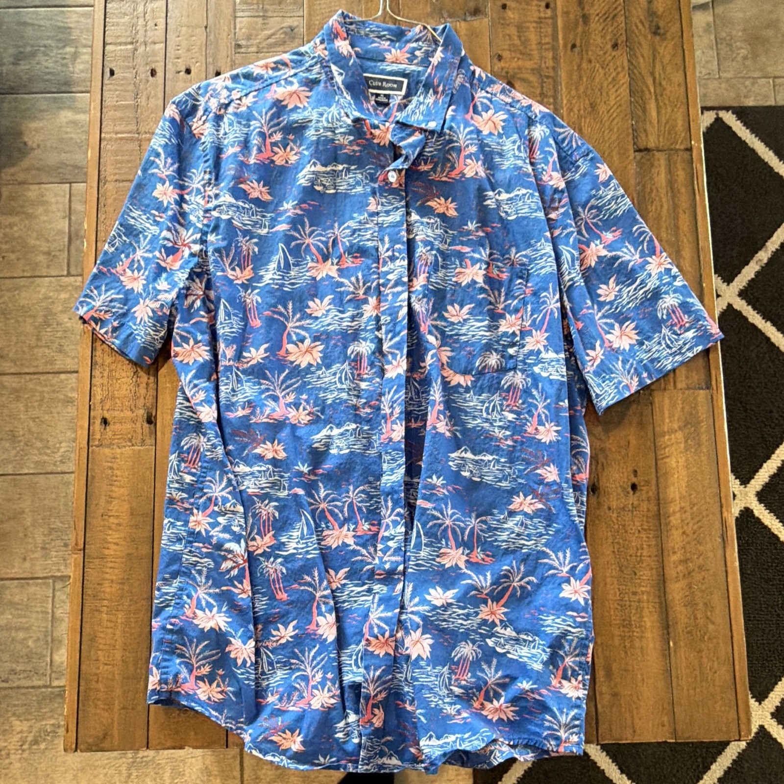 Club Room Men’s Blue/Pink/White Floral Hawaiian Woven SS Button-Up Point XL