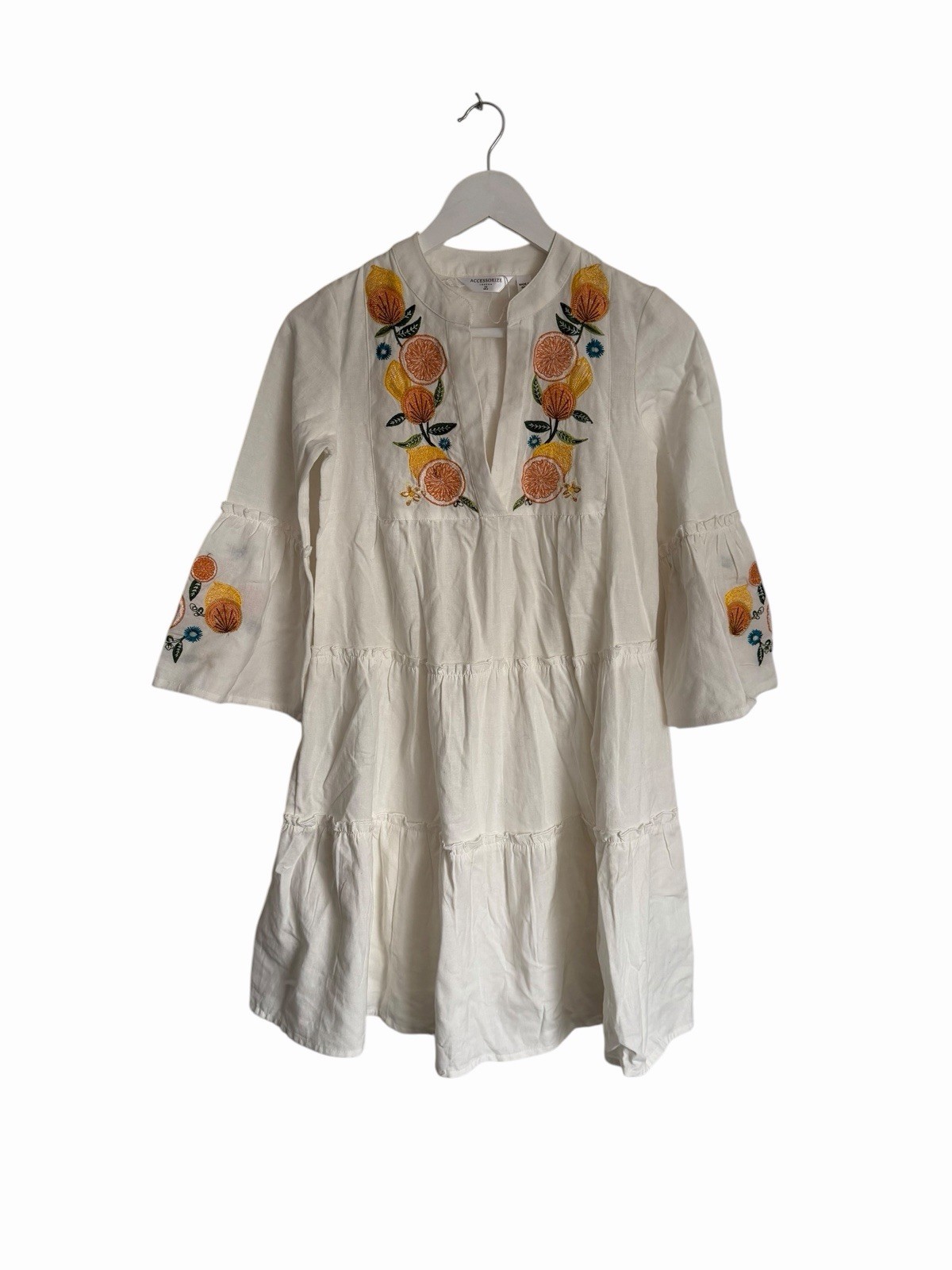 Accessorize Lemon Orange Dress Embroidered Ivory Cotton Bell Sleeve RRP £45 XS 6