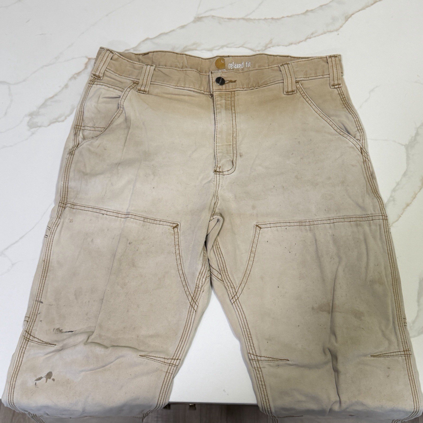 Carhartt Carpenter Pants Men Tan Dungaree Fit Utility Double Knee Workwear 34×32