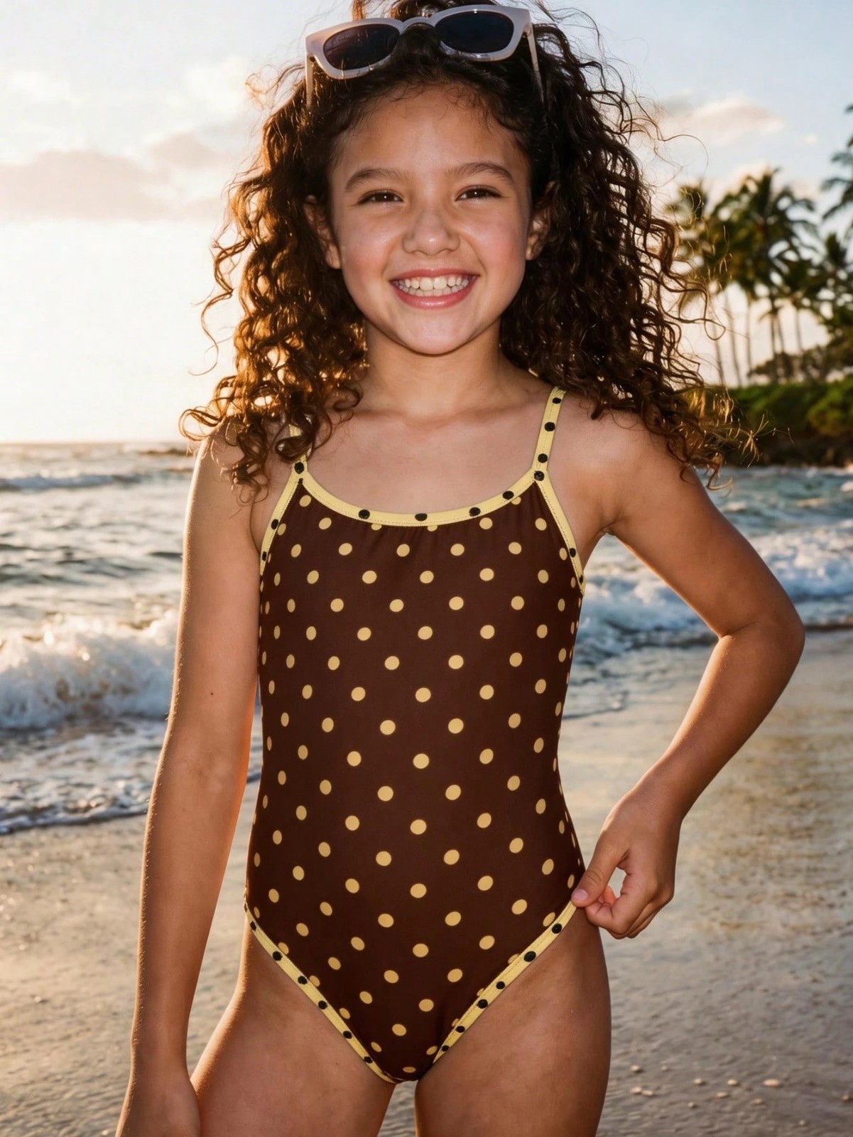 YOUR CHOICE BROWN POLKA DOTSY BIKINI or ONE PIECE SWIMSUIT size 10 13 14