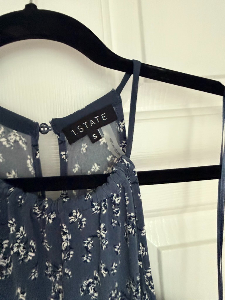 1.STATE Blue Floral Wide Leg Jumpsuit Small Ruffle Overlay High Neck Tie Waist