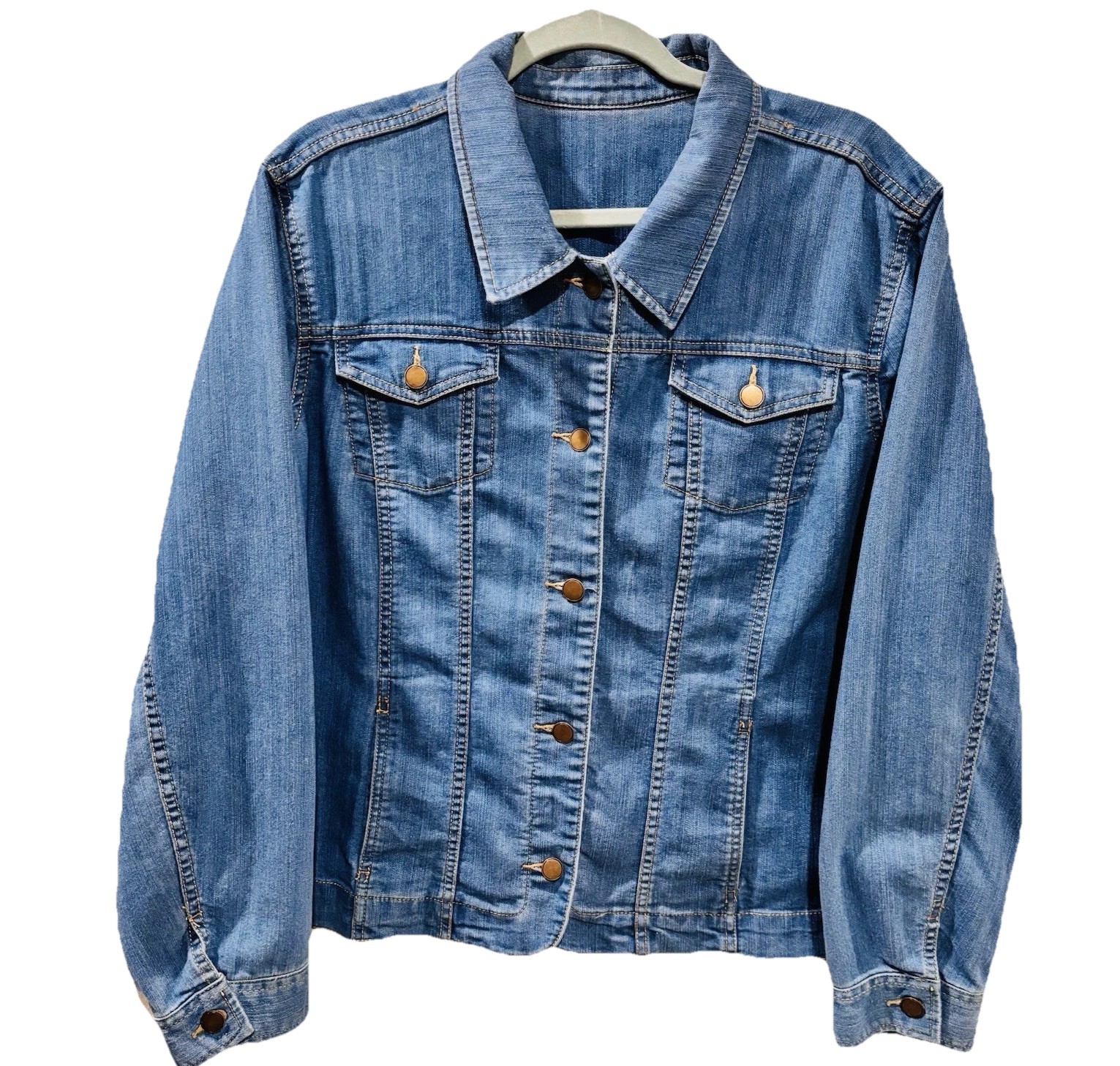 Blue Denim Jacket Button Front Chest Pockets Lightweight Classic Cotton Blend