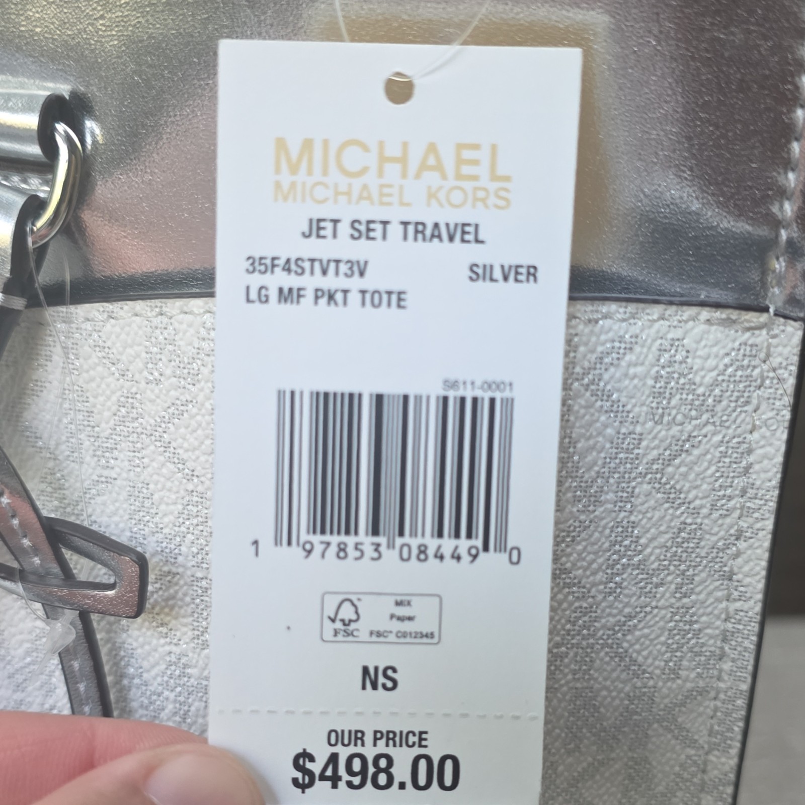 Michael Kors Jet Set Travel Large Silver Metallic Logo Zip Tote w/ MK Charm