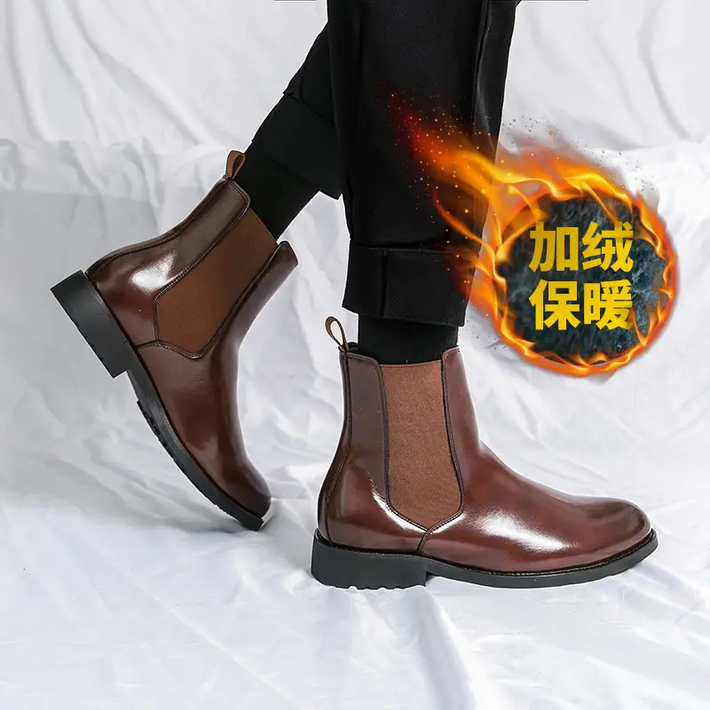 Mens Winter Warm Causal Ankle Boots Leather Formal Dress Shoes Pull On Low Heels