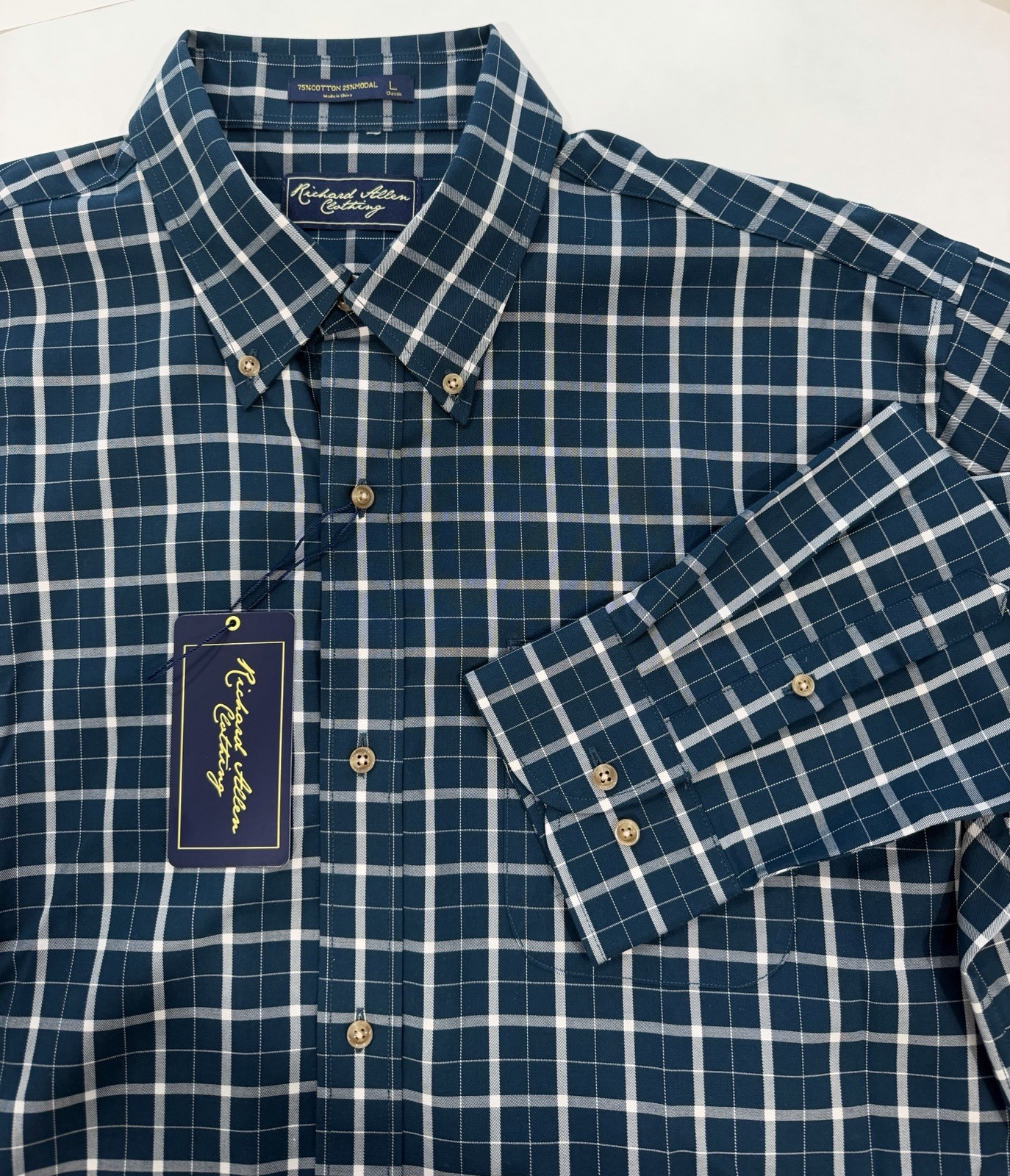 RICHARD ALLEN CLOTHING Blue Plaid Cotton Modal Button Long Sleeve Shirt (L) NWT