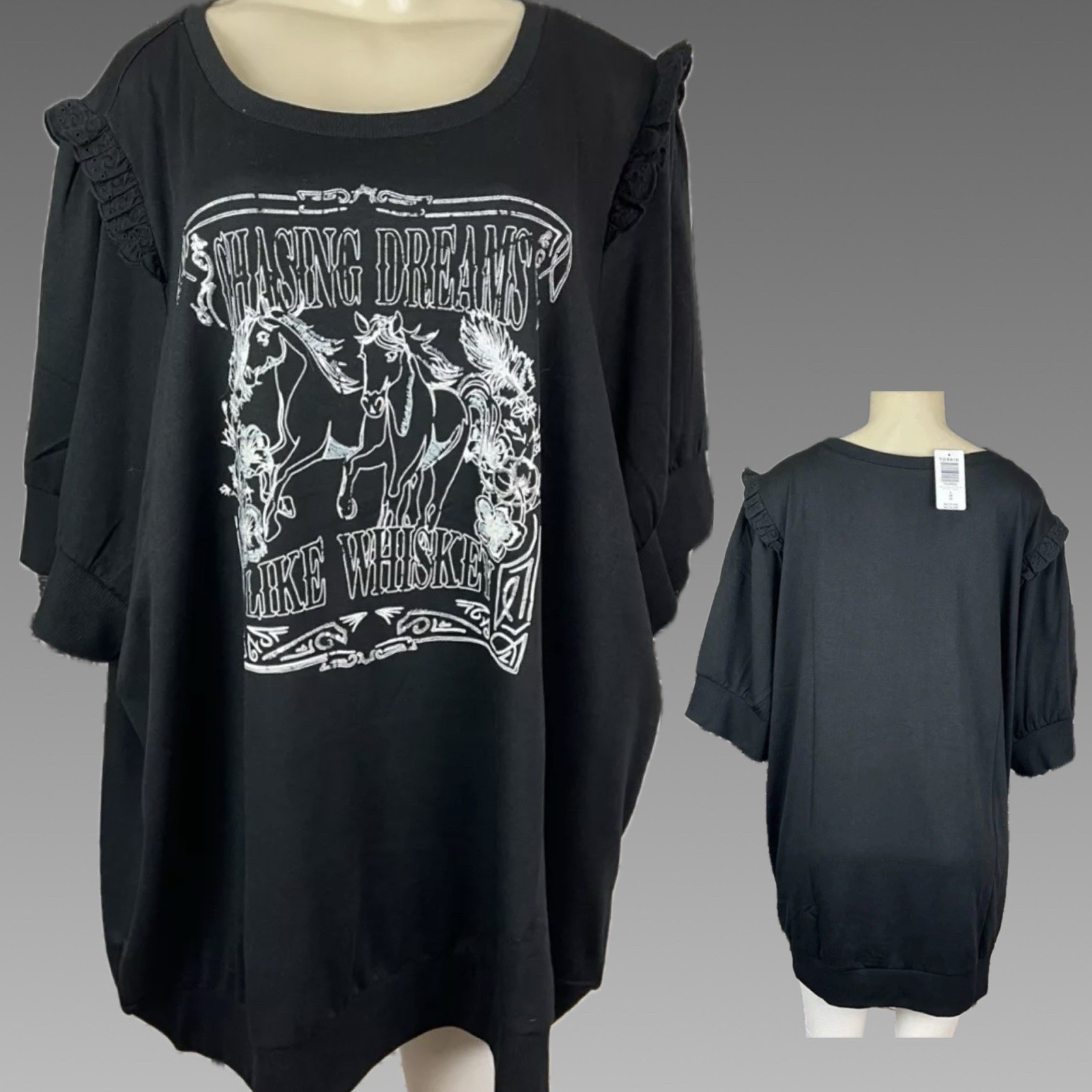 Torrid +6 Black Crew Floral Horse Chasing Dreams Graphic Half Sleeve Sweatshirt