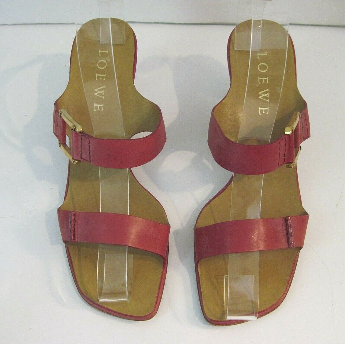 LOEWE Dark Raspberry Leather Gold Tone Accent Double Strap Heeled Sandals Sz 37