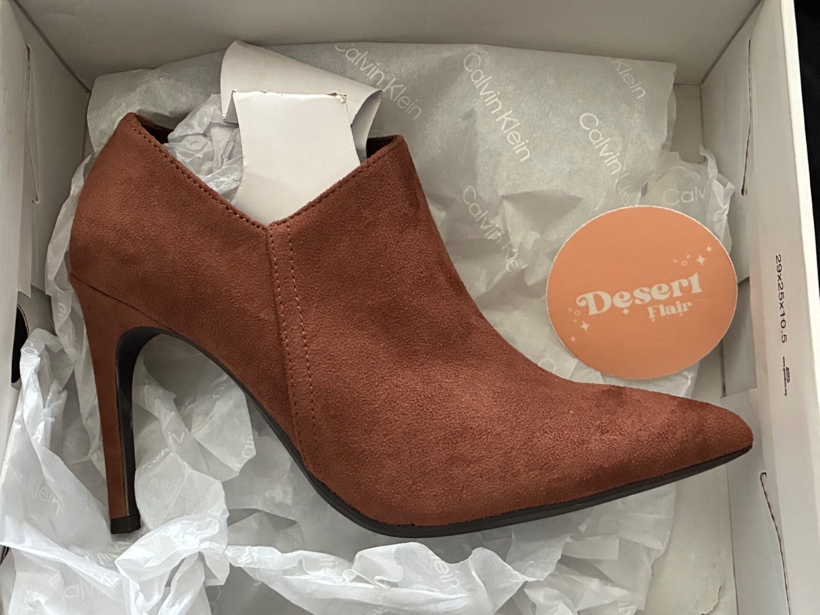 HOT! Calvin Klein Med Brown “Desert Flair” Hessica Stiletto Heel Boots Size 9.5