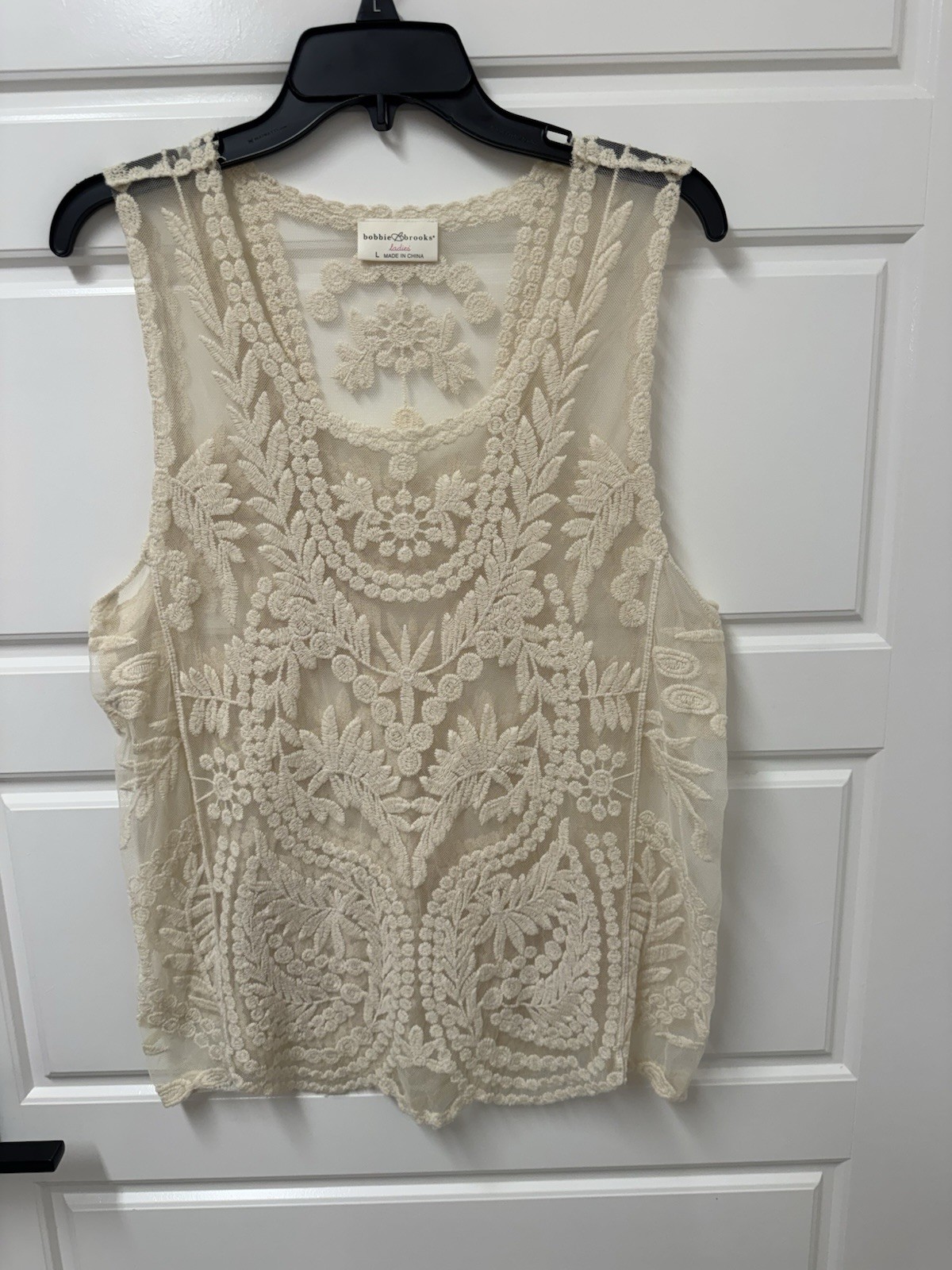 Large Cream Classy Top Women Ecru Lace Sheer Embroidered Boho Bobbie Brooks A10