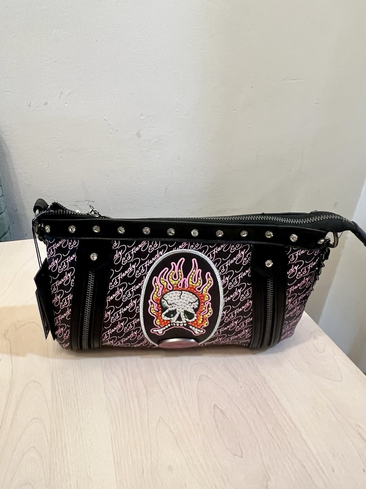 NEW ED HARDY RHINESTONE SKULL AND FLAME EMBELLISHED SHOULDER BAG