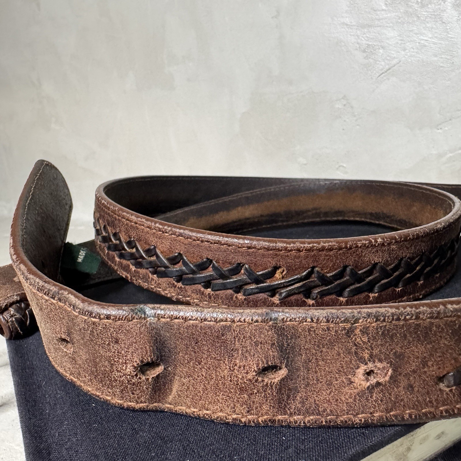 Vtg Cole Haan Braided Leather Belt Men’s 46 Made in USA Brown Woven Brass 1”