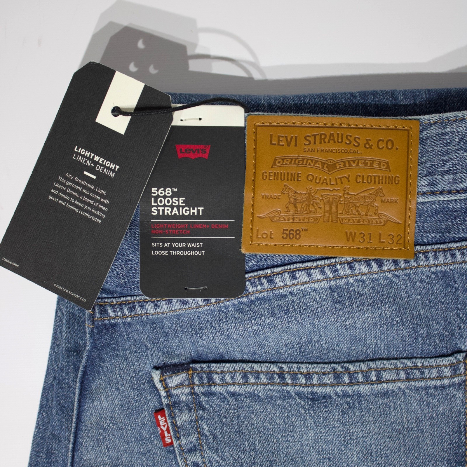 NWT $98 Levi’s Premium 568 Loose Straight Linen+ Medium Wash Jeans Men Sz. 31×32