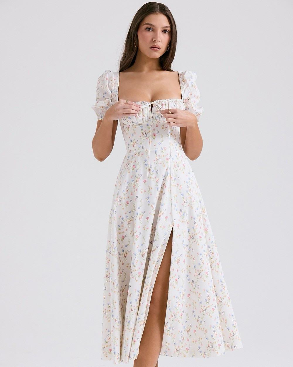 House of CB White Floral A-Line Midi Dress Puff Sleeve Square Neck Slit Bow M