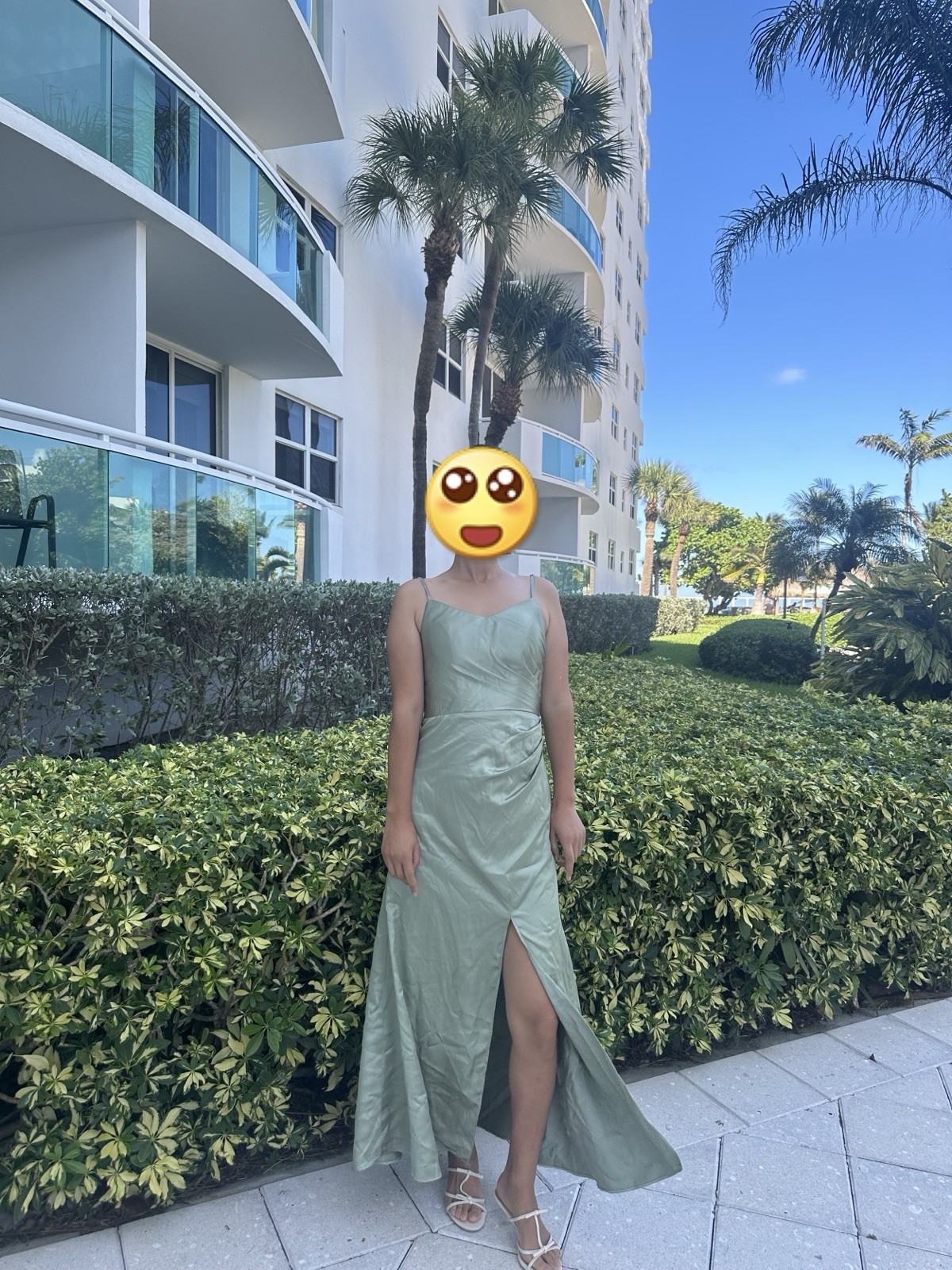 Women’s Green Satin Cowl Neck Maxi Dress Spaghetti Straps Side Slit Size M