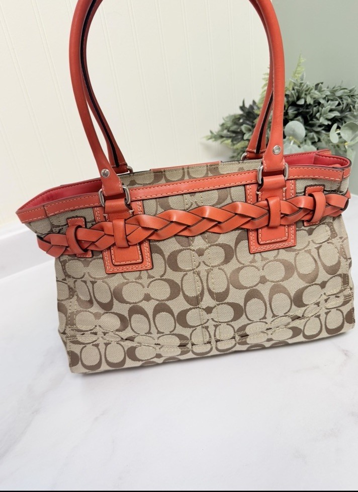 Coach Signature Logo Satchel/Top Handle Bag Beige/Brown/Orange Lining