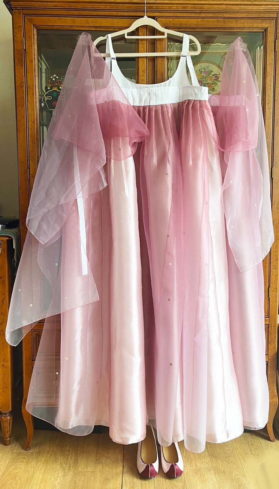 Korean Traditional Dress Hanbok Set- Ivory Top Pink Gallae Skirt / Petticoat Bag