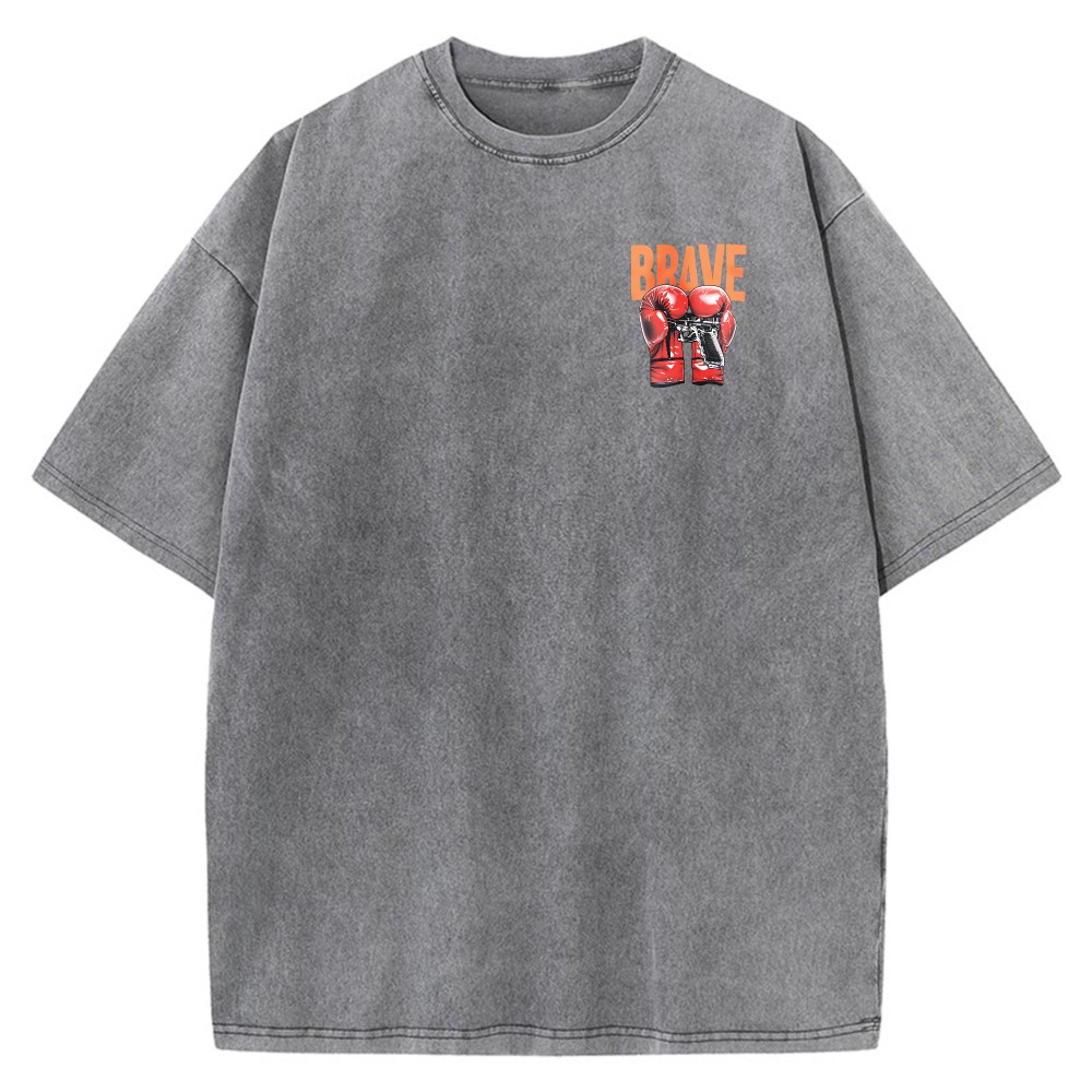 Men’s Oversized Acid Wash T-Shirt 100% Cotton Vintage BRAVE Graphic Tee