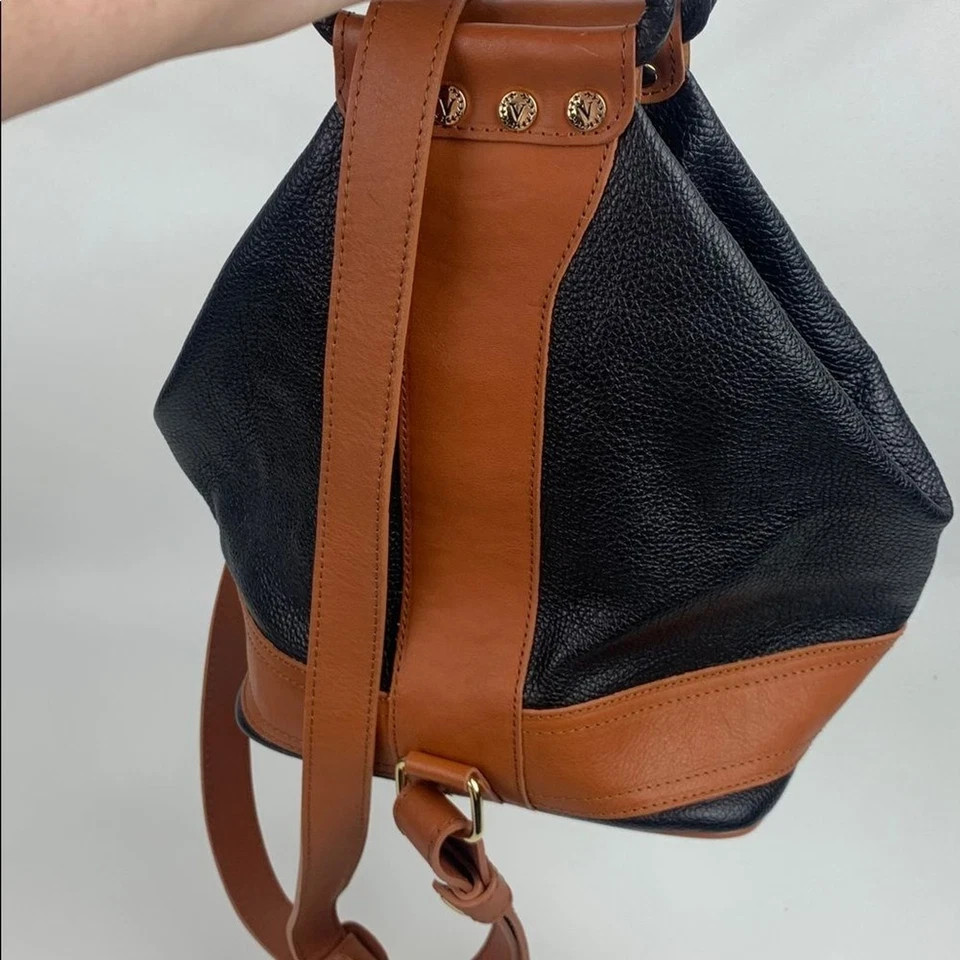 Valentina Italy Two-Tone Leather Backpack bag Brown Black Gold Zippers accents