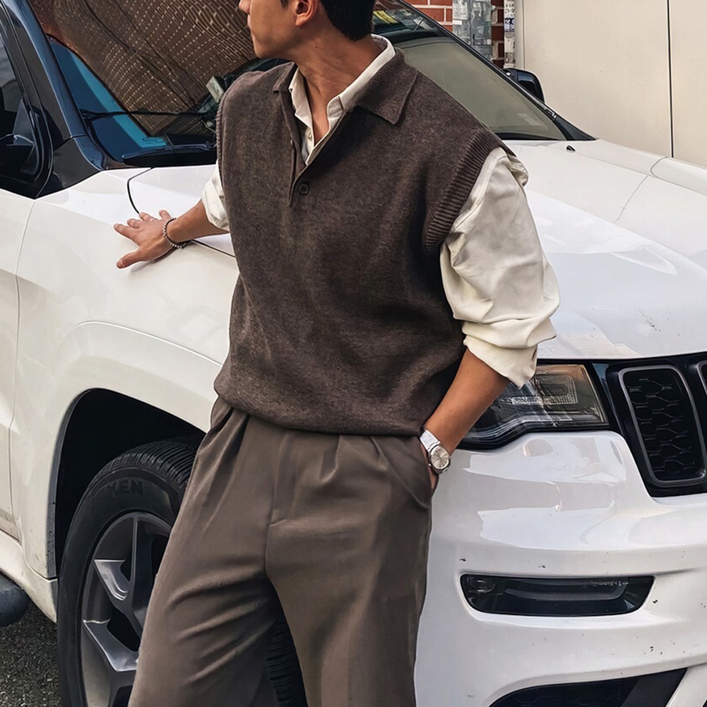 Men Sleeveless Sweater Vest Knitted Pullover with Lapel for Casual