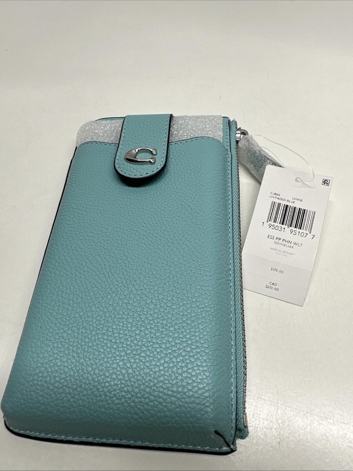 Coach Essentials Phone Wallet Polished Pebbled Leather Clutch Zip Top Blue New