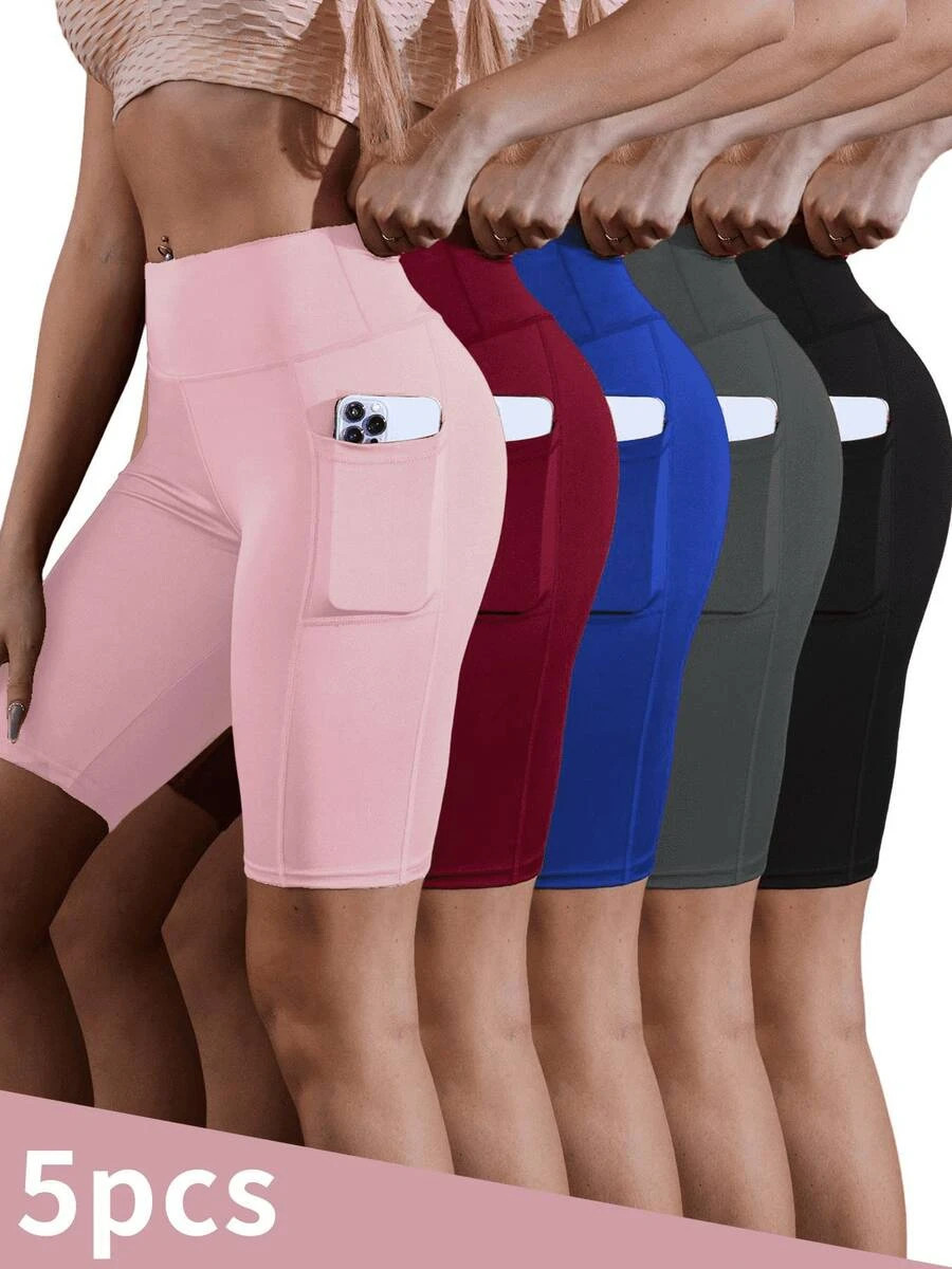 NEW 5Pcs Women Yoga Shorts With Pockets, High Waist Tummy Control Workout Shorts