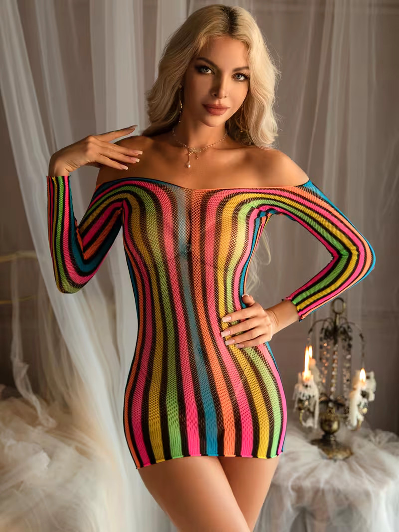 NEW 1-Size Sheer Party Extreme-Mini Dress Transparent Colorful Fishnet Poly Knit